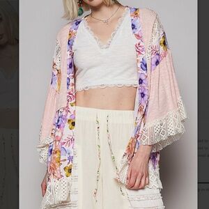 POL Blush Pink Floral Print Ribbed Lace open Front Cardigan